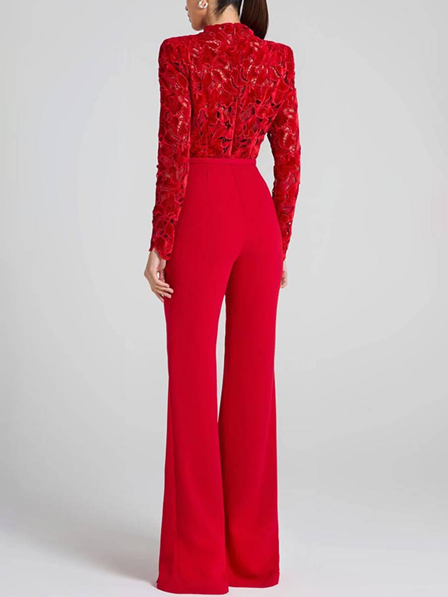 combinaisons flare évasé broderie anglaise col rond manches longues ceinture femme élégant décontracté slim fitness | KONF