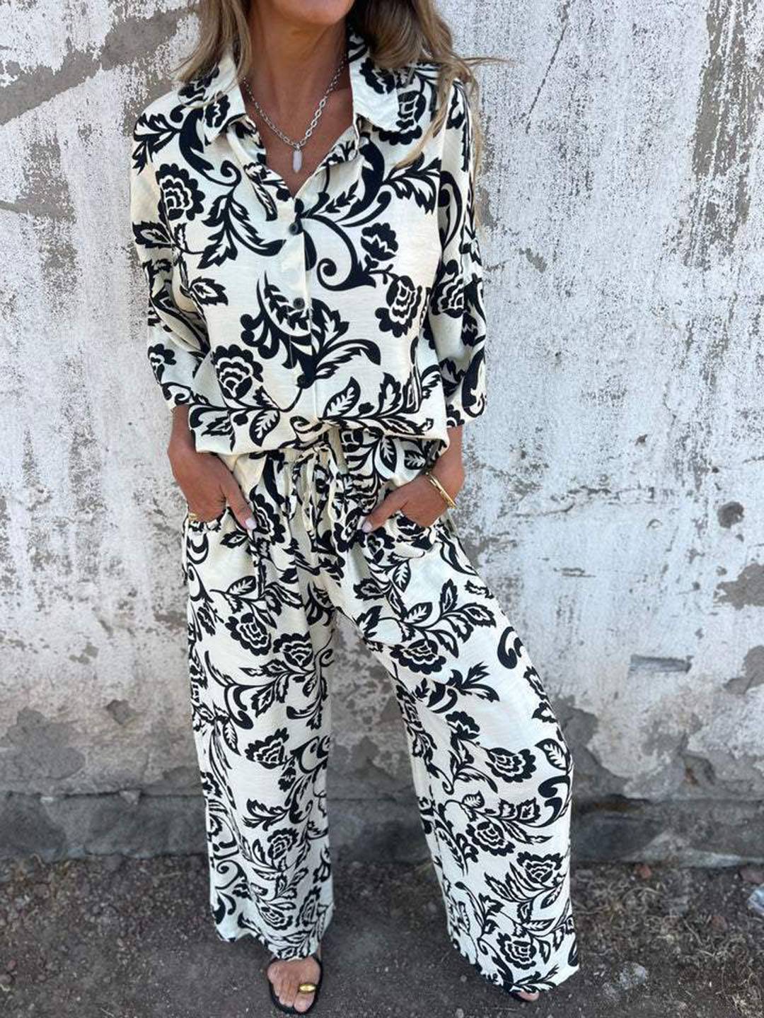 ensembles imprimé à fleurie poches col chemise manches longues chemise et pantalon femme casual décontracté deux pièces | KONF