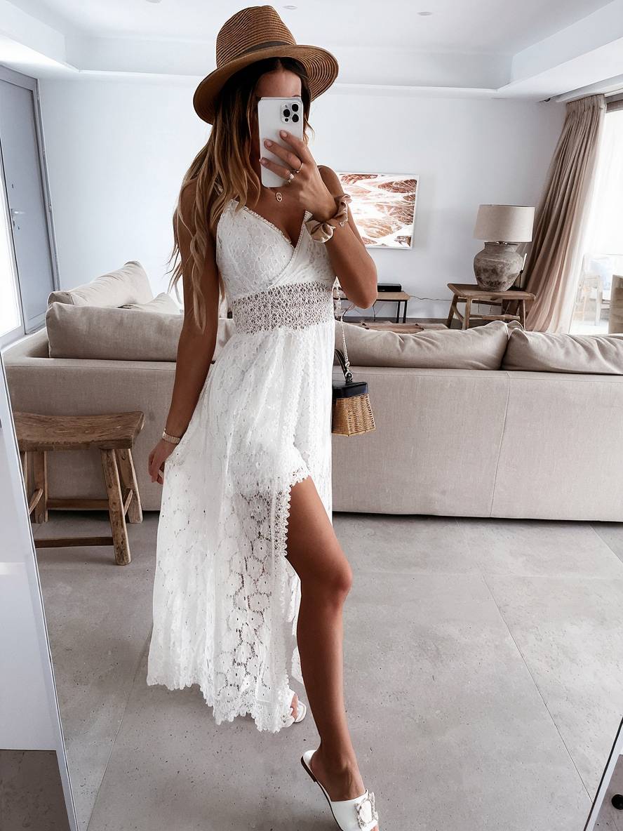 combinaisons dentelle broderie anglaise v-cou fendu à fines brides femme bohème élégant | KONF
