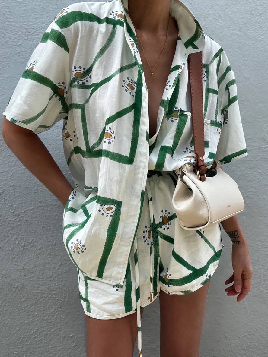 ensemble tenue imprimé à fleurie boutonnage col chemise manches courtes femme décontracté ample casual deux pièces | KONF