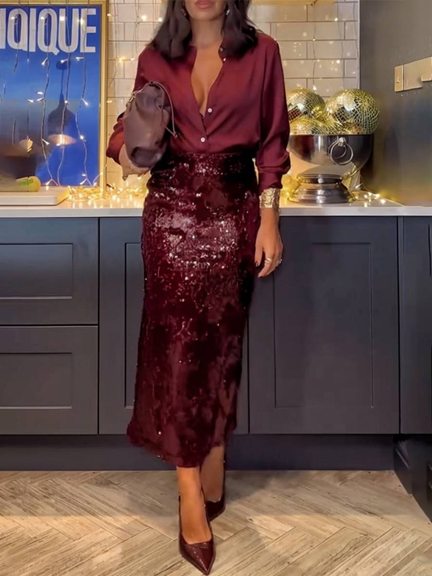 ensemble avec brillante paillette fendu jupe boutonnage col chemise manches longues blouse femme style tailleur deux pièces | KONF