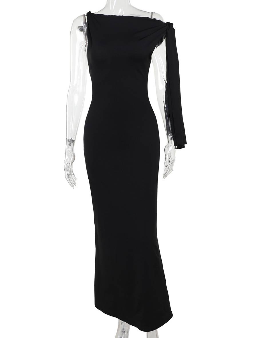 robe longue moulante unicolore une épaule sans manches femme élégant de soirée | KONF
