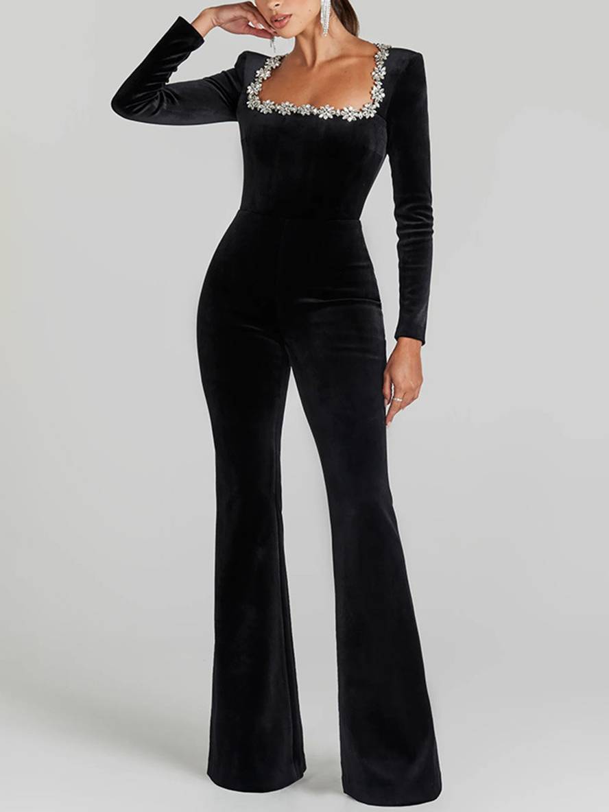 combinaisons flare évasé velours col carré manches longues slim fitness femme élégant décontracté casual cérémonie | KONF