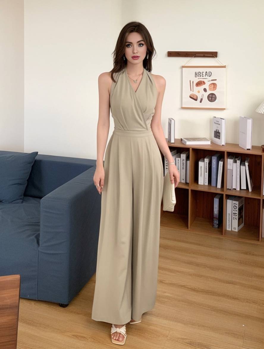combinaisons larges jambes évasé unicolore dos nu v-cou sans manches femme casual élégant décontracté | KONF