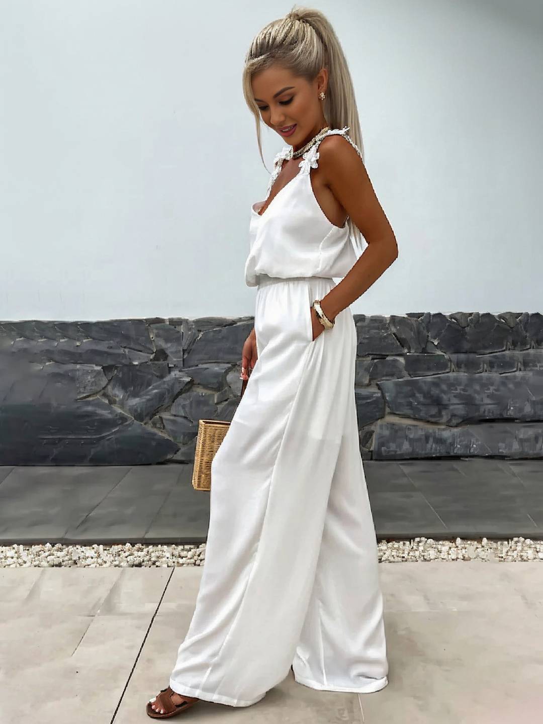 combinaisons pantalon larges jambes évasé v-cou poches dos nu bretelle sans manches décontracté style vacances pour femme | KONF