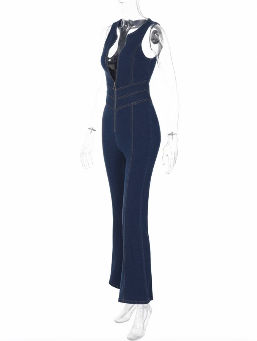 combinaisons en jean v-cou sans manches femme élégant vintage mode casual | KONF