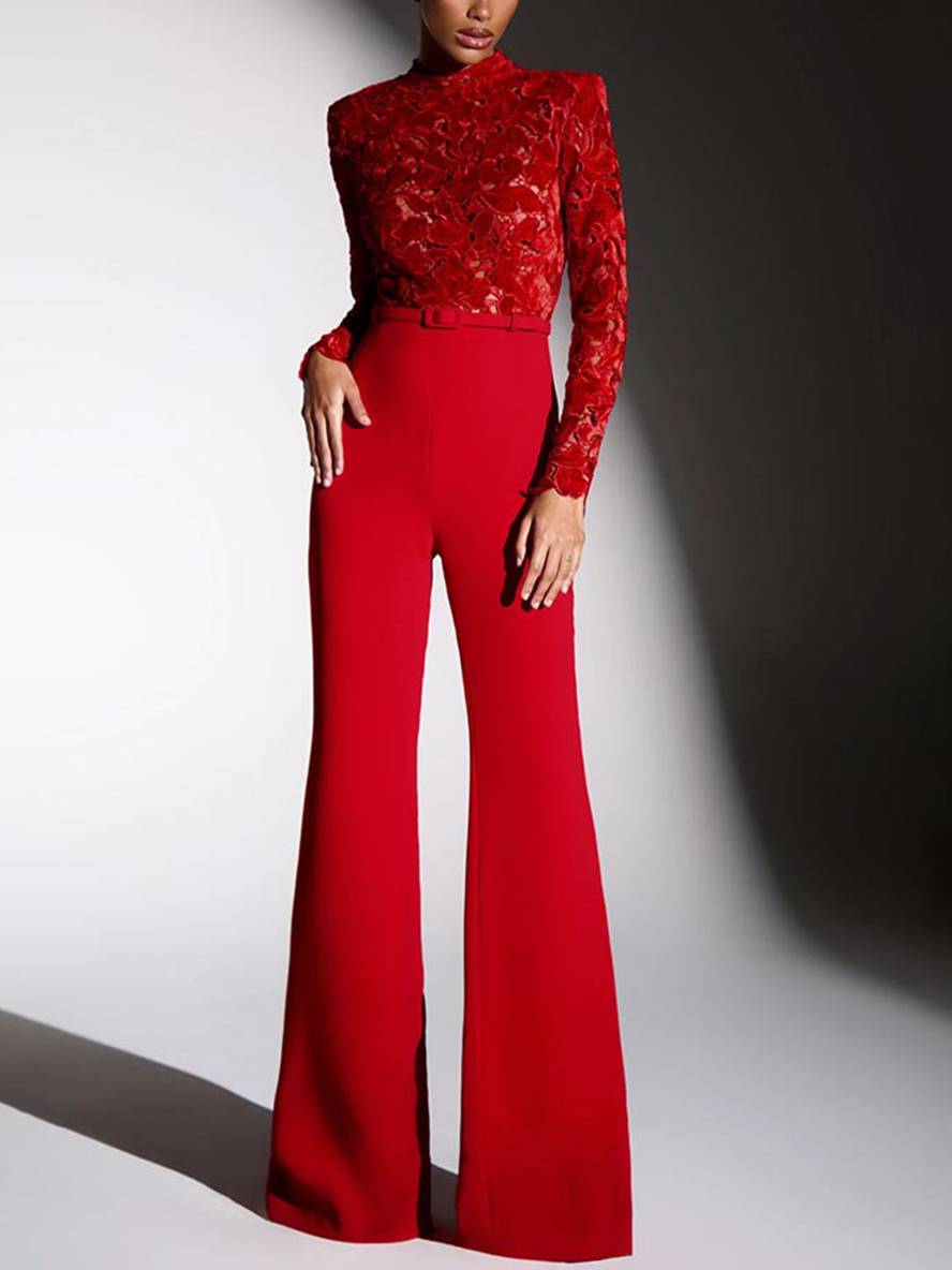 combinaisons flare évasé broderie anglaise col rond manches longues ceinture femme élégant décontracté slim fitness | KONF