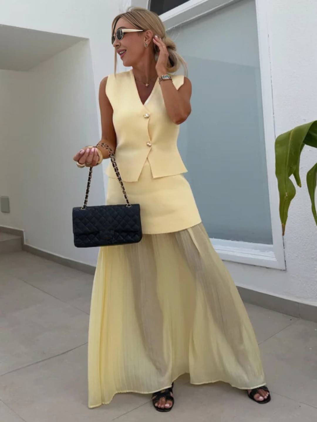 tenu ensembles tailleur v-cou sans manches gilet et jupe tulle fluide décontracté chic pour vacances deux pièces | KONF