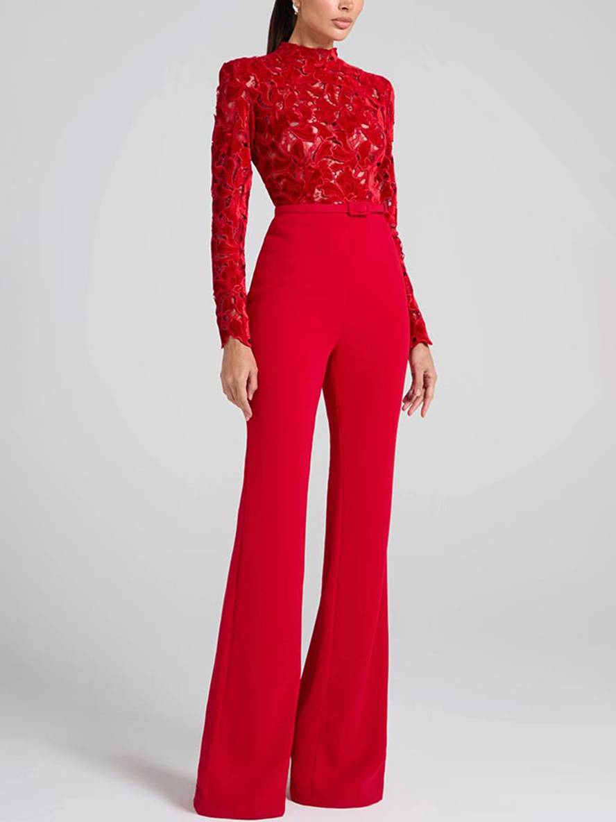 combinaisons flare évasé broderie anglaise col rond manches longues ceinture femme élégant décontracté slim fitness | KONF
