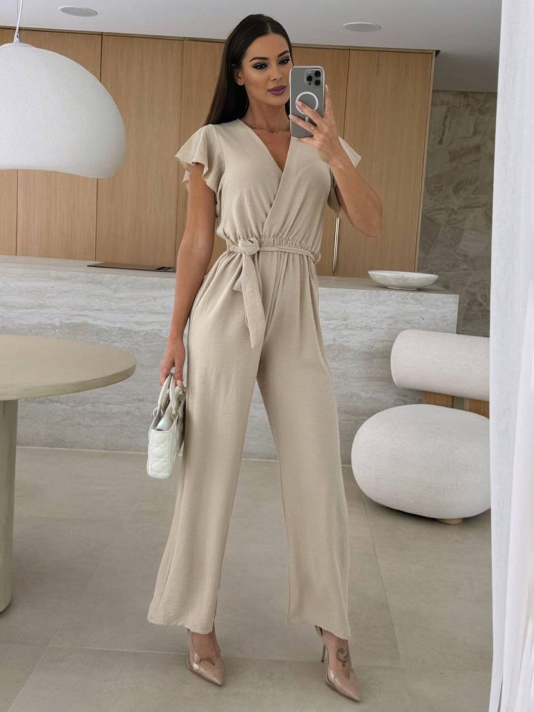 combinaisons larges jambes évasé unicolore v-cou ceinture volants superposés femme décontracté | KONF