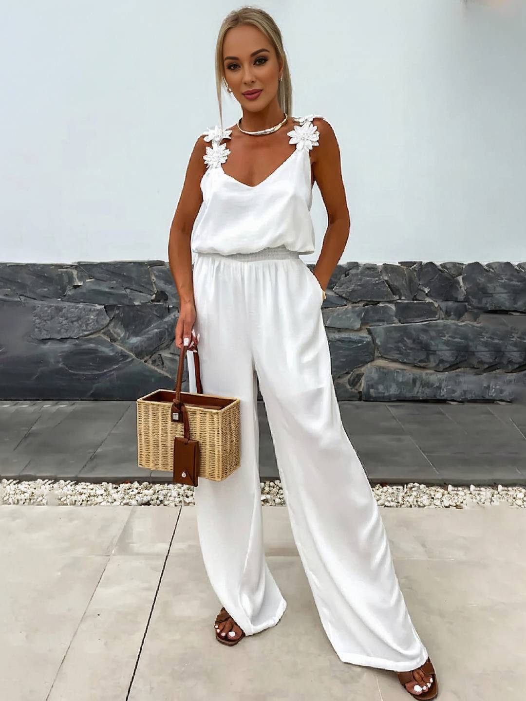 combinaisons pantalon larges jambes évasé v-cou poches dos nu bretelle sans manches décontracté style vacances pour femme | KONF