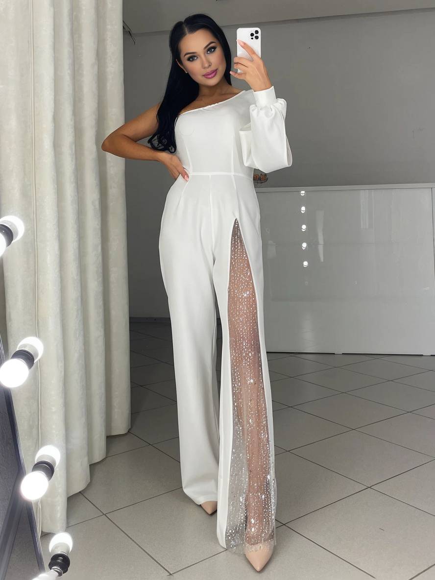 combinaisons flare évasé une épaule fendu le côté manches longues femme casual élégant décontracté cérémonie | KONF