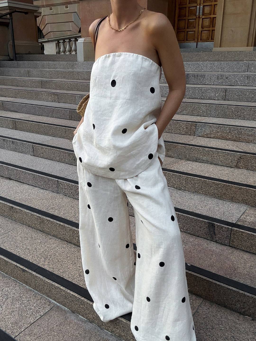 2 pièces ensembles avec pantalon larges jambes évasé top à pois fendu fermeture éclair bustier pour femme les vacances | KONF