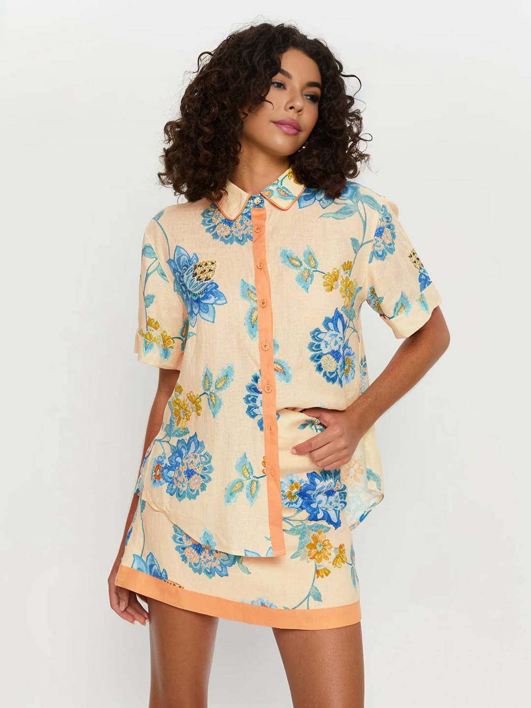 ensemble tenue avec jpue imprimé à fleurie boutonnage col chemise manches courtes chemise femme décontracté bleu jaune | KONF