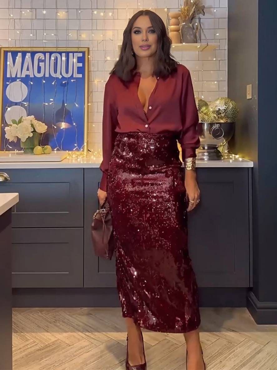 ensemble avec brillante paillette fendu jupe boutonnage col chemise manches longues blouse femme style tailleur deux pièces | KONF