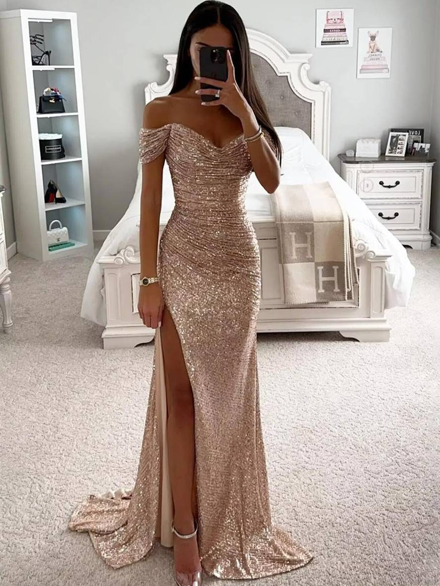 robe longue bustier brillante paillette fendu le côté sirene col bateau sans manches femme élégant de soirée cérémonie | KONF