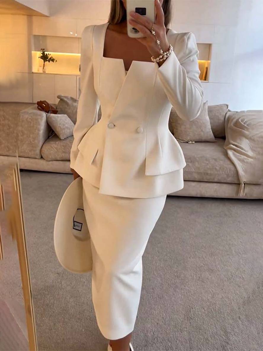 ensemble col carré boutons poches manches longues blazer avec jupe femme élégant décontracté deux pièces de bureau | KONF