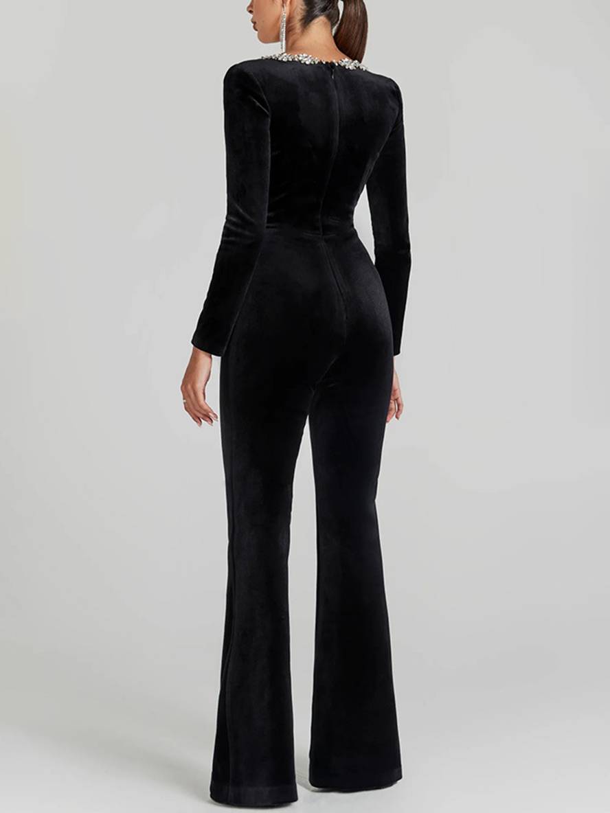 combinaisons flare évasé velours col carré manches longues slim fitness femme élégant décontracté casual cérémonie | KONF