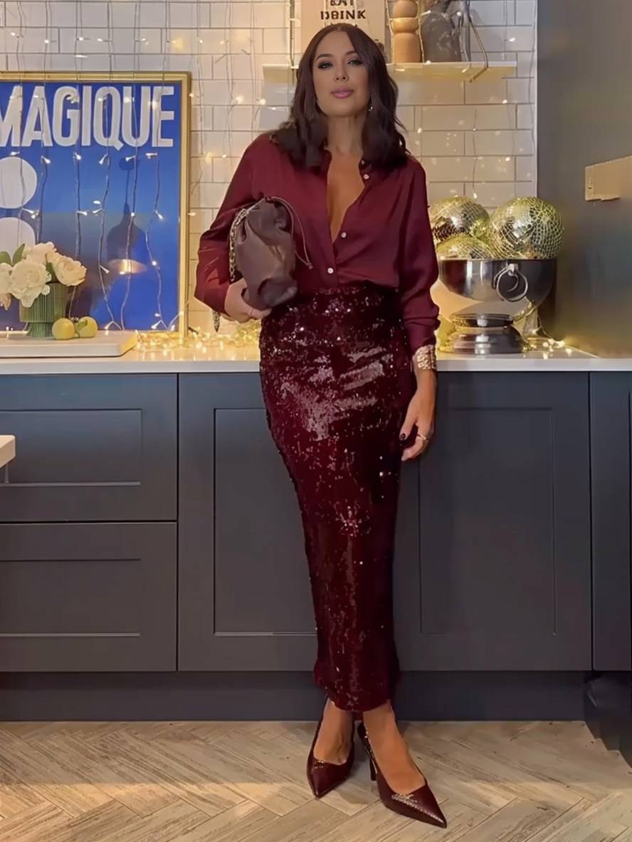 ensemble avec brillante paillette fendu jupe boutonnage col chemise manches longues blouse femme style tailleur deux pièces | KONF