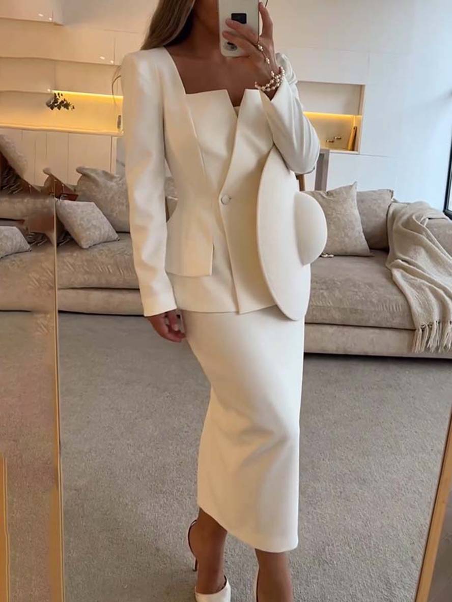 ensemble col carré boutons poches manches longues blazer avec jupe femme élégant décontracté deux pièces de bureau | KONF