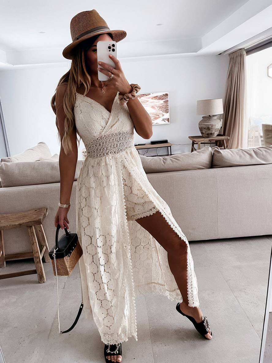 combinaisons dentelle broderie anglaise v-cou fendu à fines brides femme bohème élégant | KONF