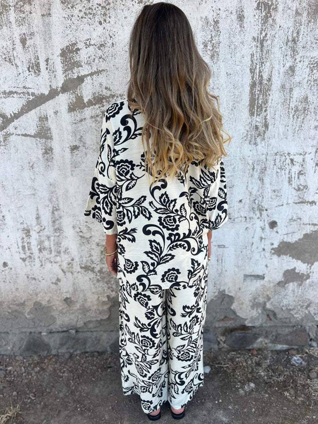 ensembles imprimé à fleurie poches col chemise manches longues chemise et pantalon femme casual décontracté deux pièces | KONF