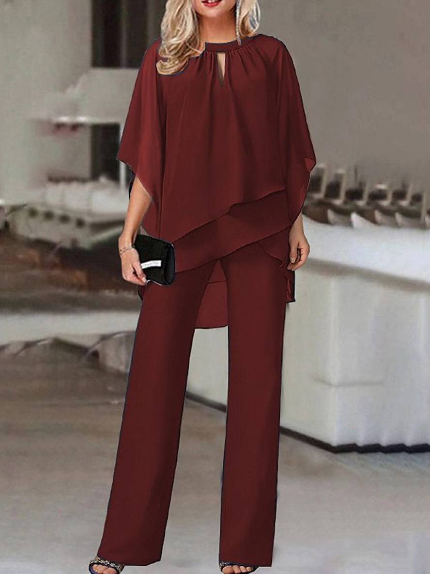 ensembles deux pièces col rond manches chauve souris hauts irrégulière droit pantalon femme lâche décontracté de mariage | KONF