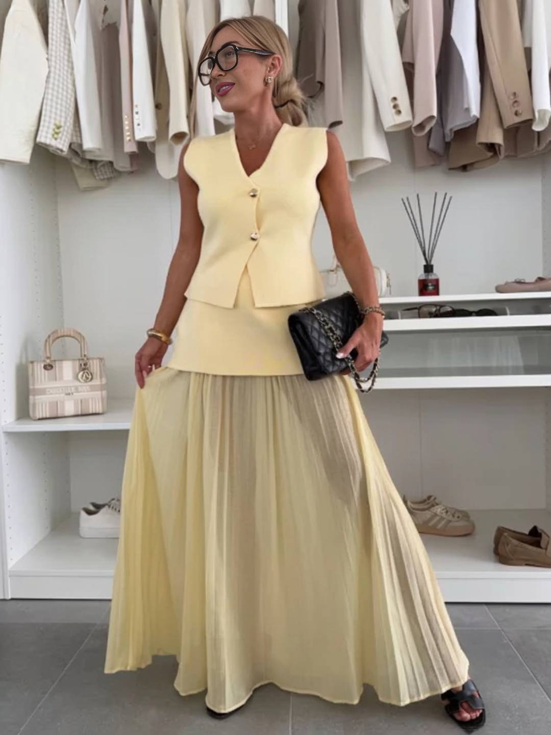 tenu ensembles tailleur v-cou sans manches gilet et jupe tulle fluide décontracté chic pour vacances deux pièces | KONF
