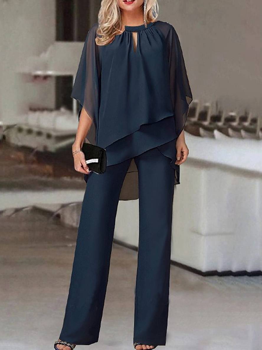 ensembles deux pièces col rond manches chauve souris hauts irrégulière droit pantalon femme lâche décontracté de mariage | KONF