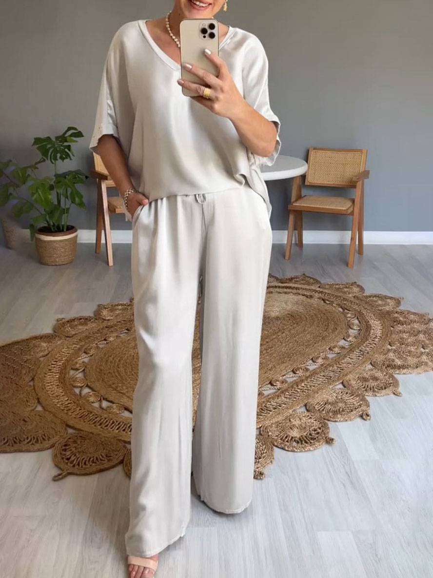 ensembles avec pantalon v-cou poches manches chauve souris manches courtes femme élégant décontracté ample deux pièces | KONF