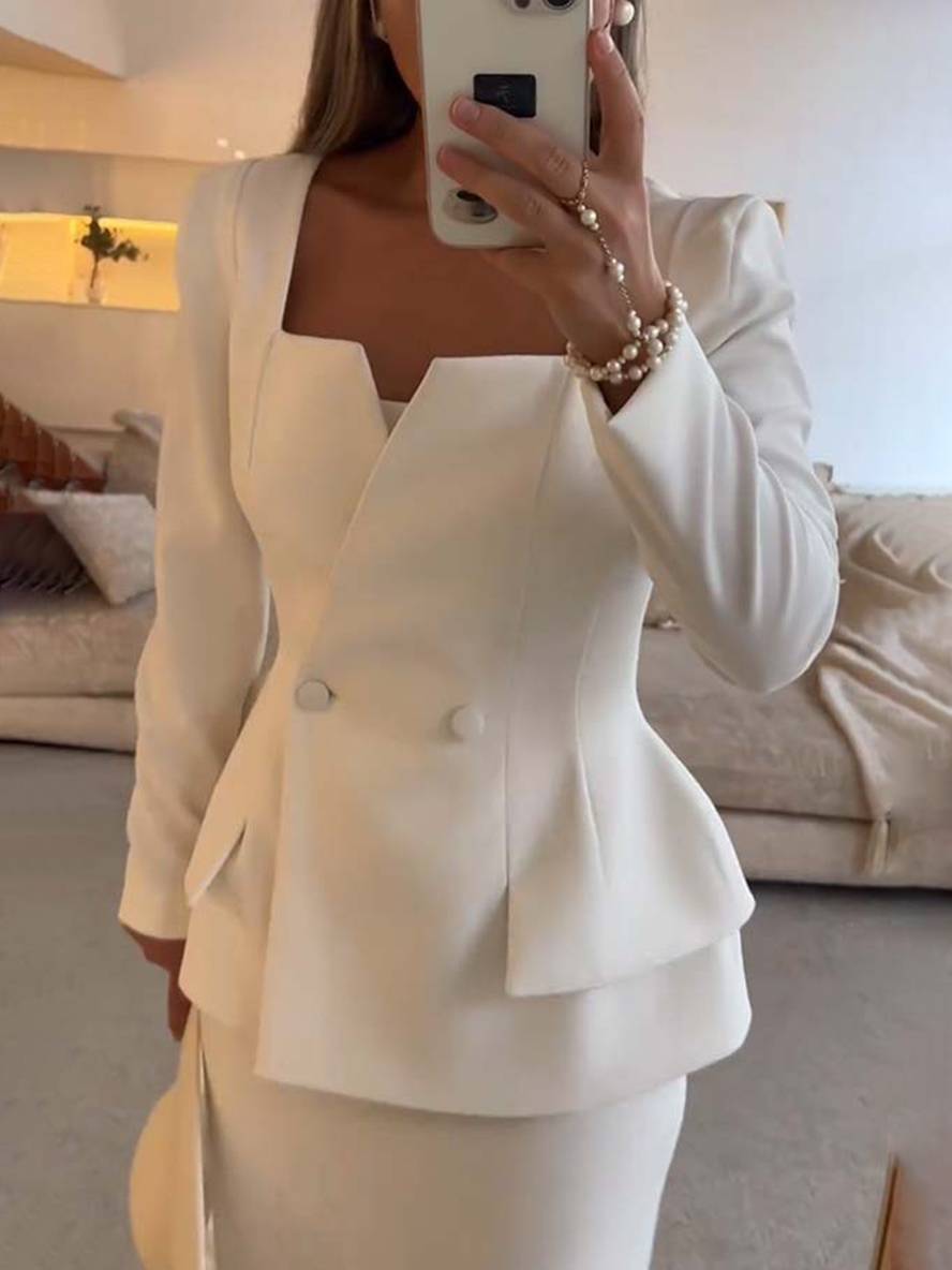 ensemble col carré boutons poches manches longues blazer avec jupe femme élégant décontracté deux pièces de bureau | KONF