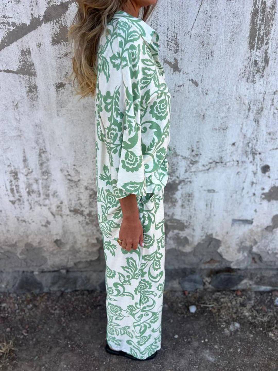 ensembles imprimé à fleurie poches col chemise manches longues chemise et pantalon femme casual décontracté deux pièces | KONF
