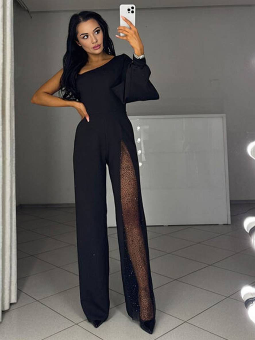 combinaisons flare évasé une épaule fendu le côté manches longues femme casual élégant décontracté cérémonie | KONF