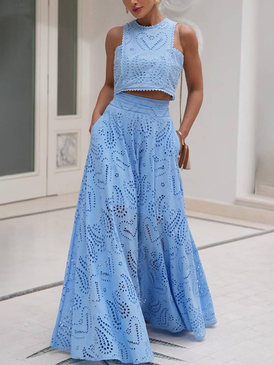 robe broderie anglaise poches sans manches hauts trapèze fluide jupe femme élégant décontracté ensemble | KONF