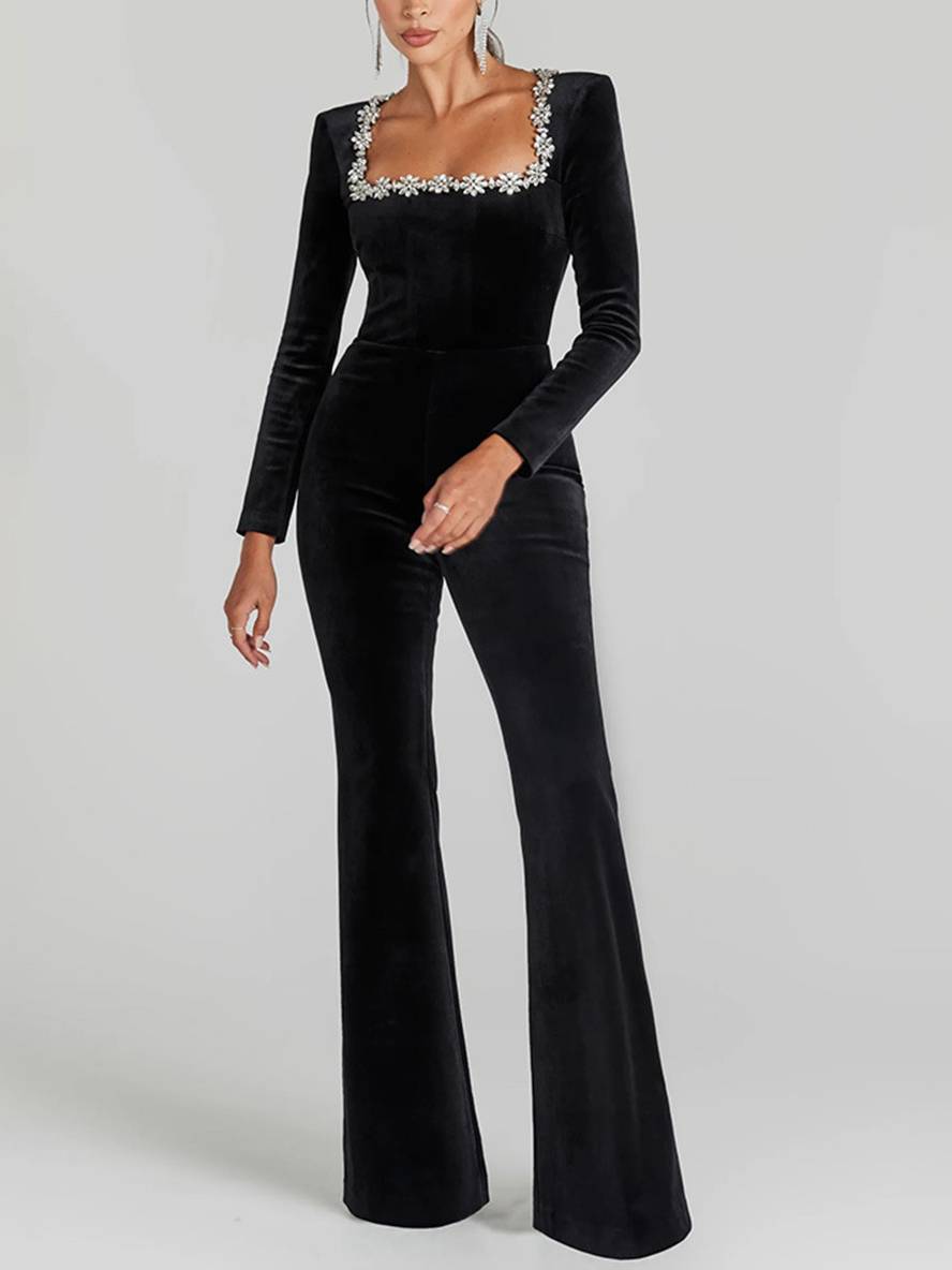 combinaisons flare évasé velours col carré manches longues slim fitness femme élégant décontracté casual cérémonie | KONF