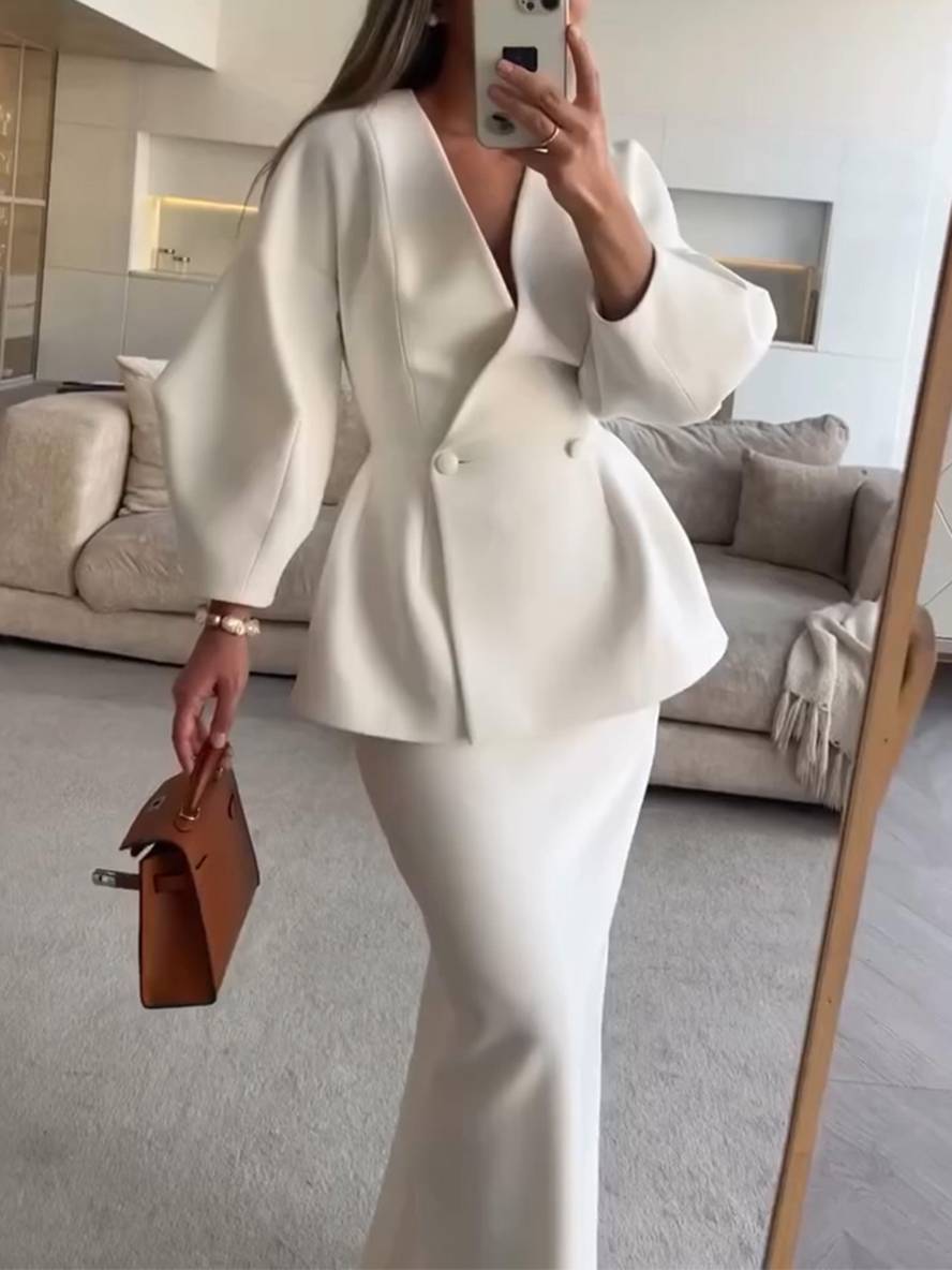 ensembles tailleur avec jupe v-cou boutons manches bouffantes manches longues veste femme élégant vintage deux pièces | KONF